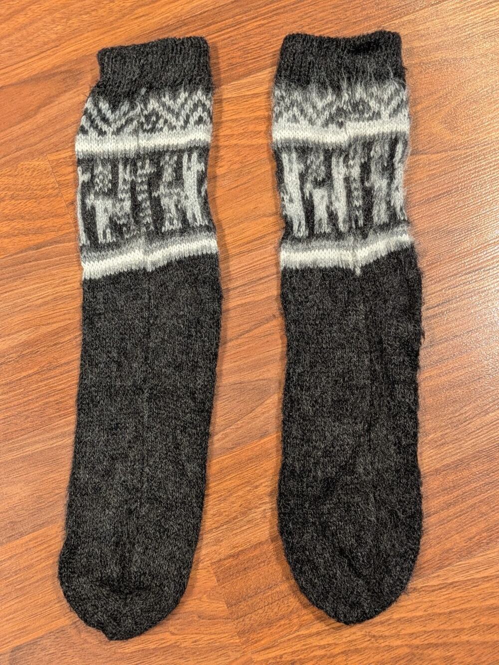 Handmade Alpaca Wool Socks Fair Isle Llama Andean Black Gray Warm Winter